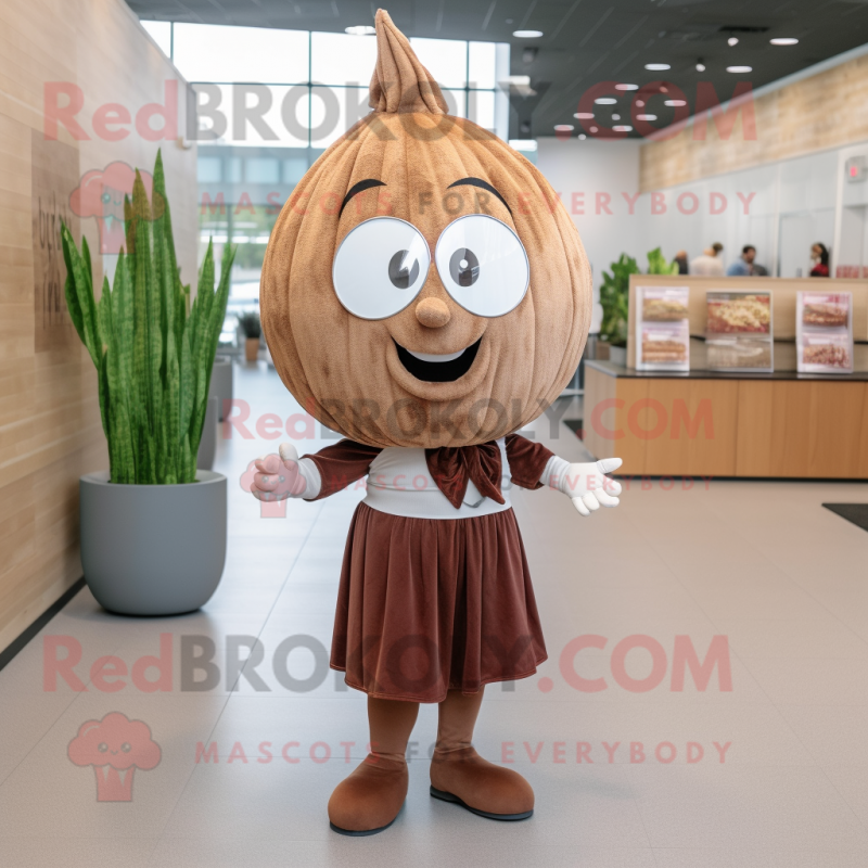 Brown Onion mascot costume character dressed with a Dress Shirt and Headbands