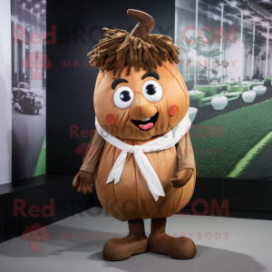 Brown Onion mascot costume character dressed with a Dress Shirt and Headbands