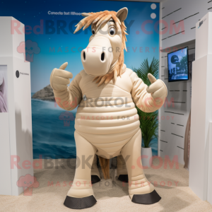 Beige Quagga mascot costume character dressed with a Bikini and Mittens