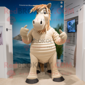 Beige Quagga mascot costume character dressed with a Bikini and Mittens