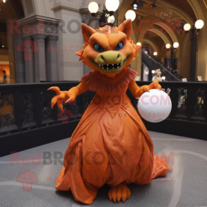 Orange Gargoyle mascot costume character dressed with a Ball Gown and Clutch bags