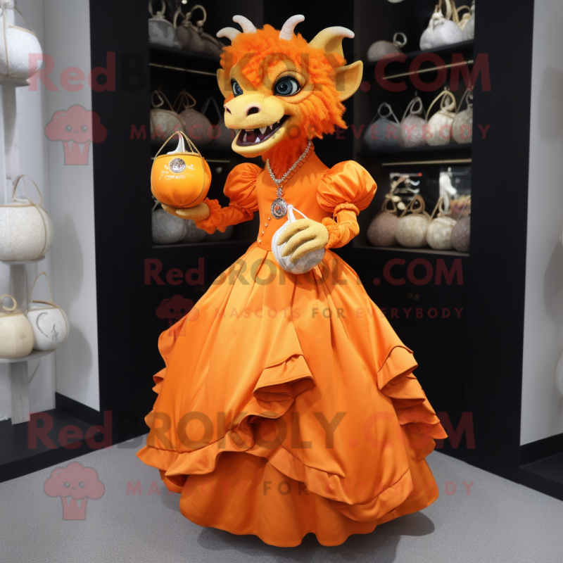 Orange Gargoyle mascot costume character dressed with a Ball Gown and Clutch bags