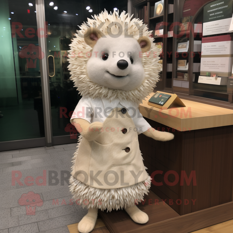 Cream Hedgehog mascot costume character dressed with a Shift Dress and Shawl pins