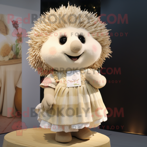 Cream Hedgehog mascot costume character dressed with a Shift Dress and Shawl pins