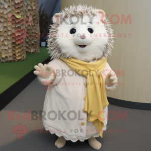 Cream Hedgehog mascot costume character dressed with a Shift Dress and Shawl pins