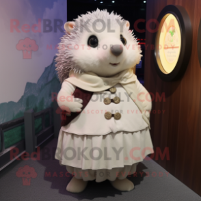 Cream Hedgehog mascot costume character dressed with a Shift Dress and Shawl pins