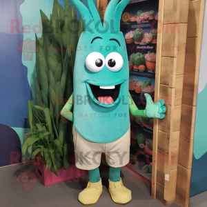 Teal Asparagus mascot costume character dressed with a Bermuda Shorts and Suspenders