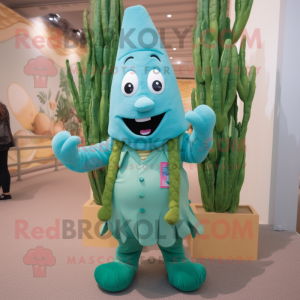 Teal Asparagus mascot costume character dressed with a Bermuda Shorts and Suspenders