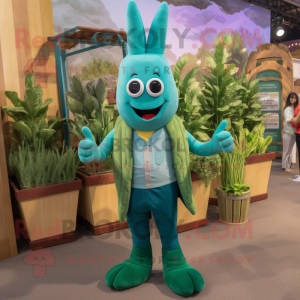 Teal Asparagus mascot costume character dressed with a Bermuda Shorts and Suspenders