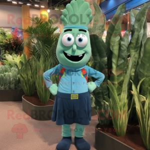 Teal Asparagus mascot costume character dressed with a Bermuda Shorts and Suspenders