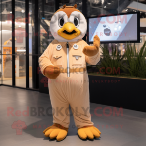 Tan Penguin mascot costume character dressed with a Jumpsuit and Smartwatches