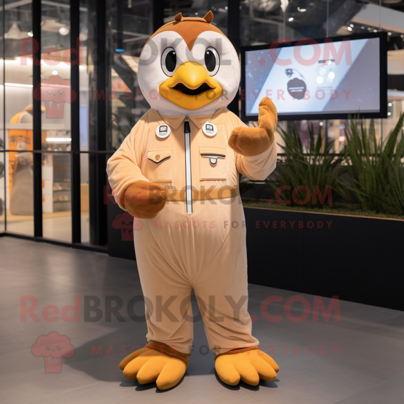 Tan Penguin mascot costume character dressed with a Jumpsuit and Smartwatches Tan Penguin mascot costume character dressed with a Jumpsuit and Smartwatches