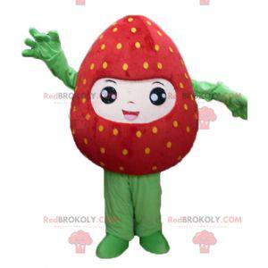 Mascota de fresa roja y verde gigante sonriendo - Redbrokoly.com