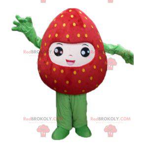 Mascote gigante de morango vermelho e verde sorrindo -