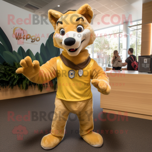 Gold Dingo mascot costume character dressed with a Henley Shirt and Mittens