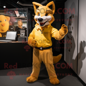 Gold Dingo mascot costume character dressed with a Henley Shirt and Mittens