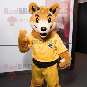 Gold Dingo mascot costume character dressed with a Henley Shirt and Mittens