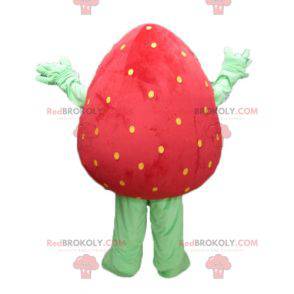 Mascote gigante de morango vermelho e verde sorrindo -