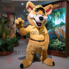 Gold Dingo mascot costume character dressed with a Henley Shirt and Mittens