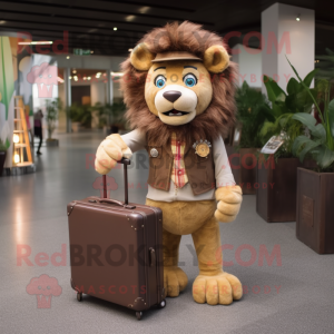 Brown Tamer Lion mascot costume character dressed with a Skirt and Briefcases