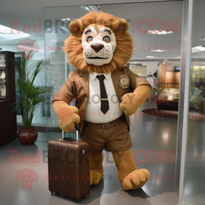 Brown Tamer Lion mascot costume character dressed with a Skirt and Briefcases