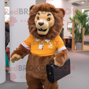 Brown Tamer Lion mascot costume character dressed with a Skirt and Briefcases