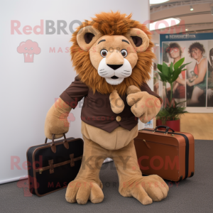 Brown Tamer Lion mascot costume character dressed with a Skirt and Briefcases