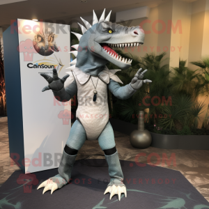 Silver Spinosaurus mascot costume character dressed with a Capri Pants and Belts