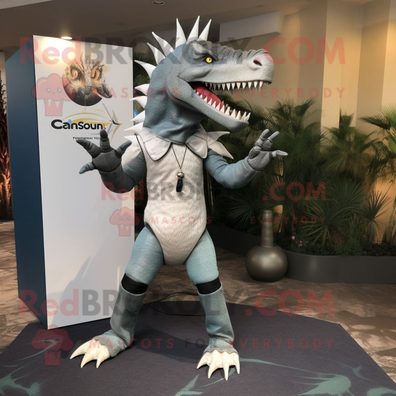 Silver Spinosaurus mascot costume character dressed with a Capri Pants and Belts