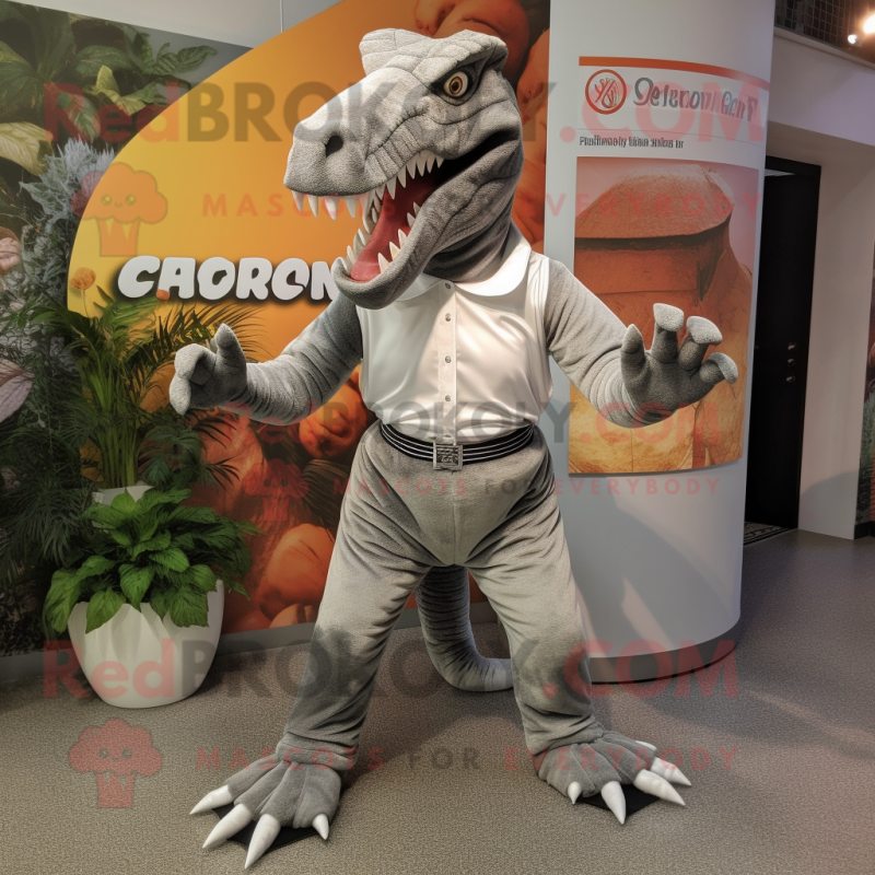 Silver Spinosaurus mascot costume character dressed with a Capri Pants and Belts