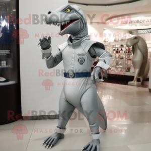 Silver Spinosaurus mascot costume character dressed with a Capri Pants and Belts