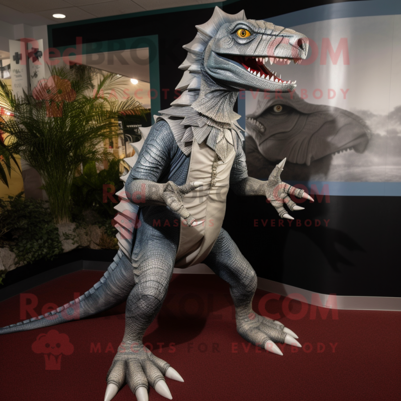 Silver Spinosaurus mascot costume character dressed with a Capri Pants and Belts Silver Spinosaurus mascot costume character dressed with a Capri Pants and Belts