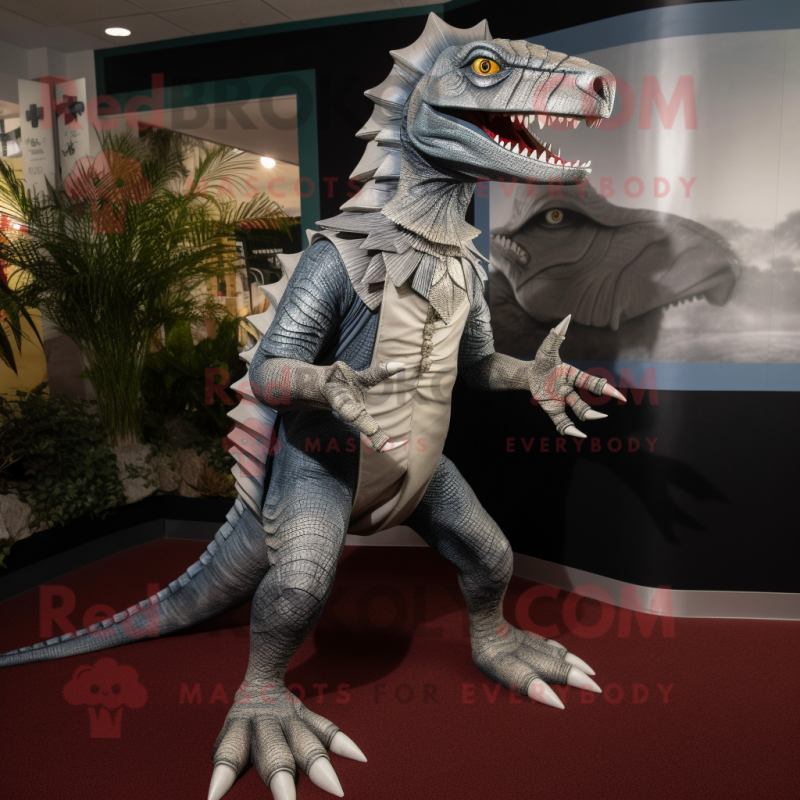 Silver Spinosaurus mascot costume character dressed with a Capri Pants and Belts