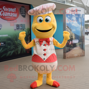 Cream Shrimp Scampi mascot costume character dressed with a Culottes and Caps