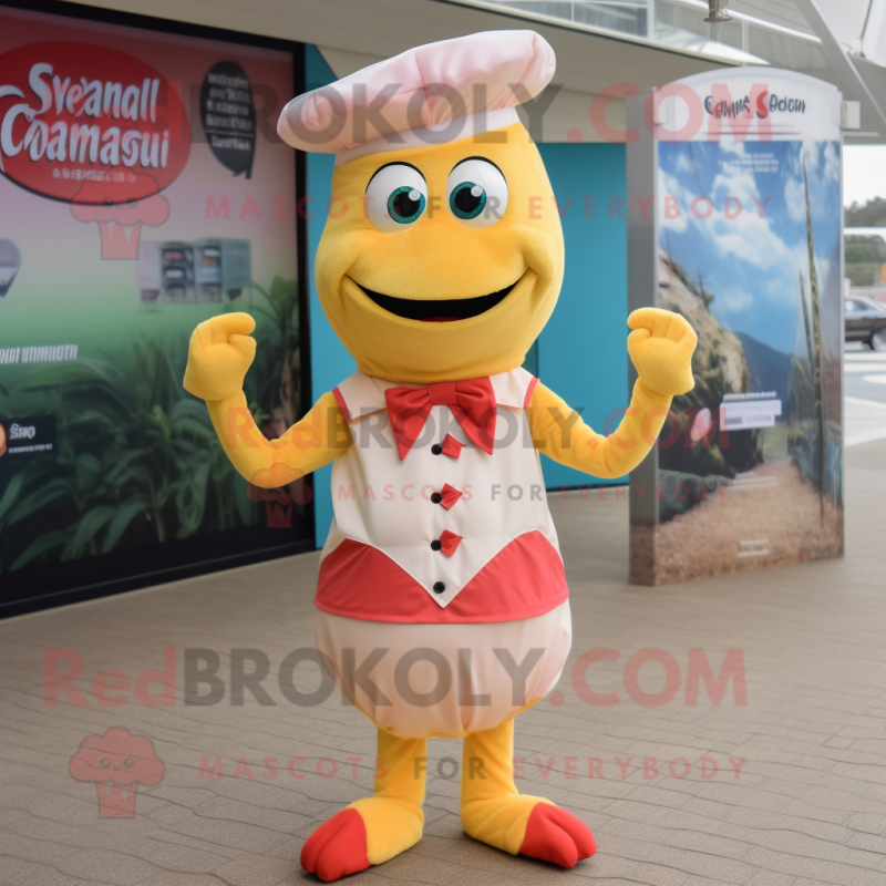 Cream Shrimp Scampi mascot costume character dressed with a Culottes and Caps Cream Shrimp Scampi mascot costume character dressed with a Culottes and Caps