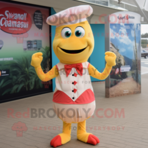 Cream Shrimp Scampi mascot costume character dressed with a Culottes and Caps