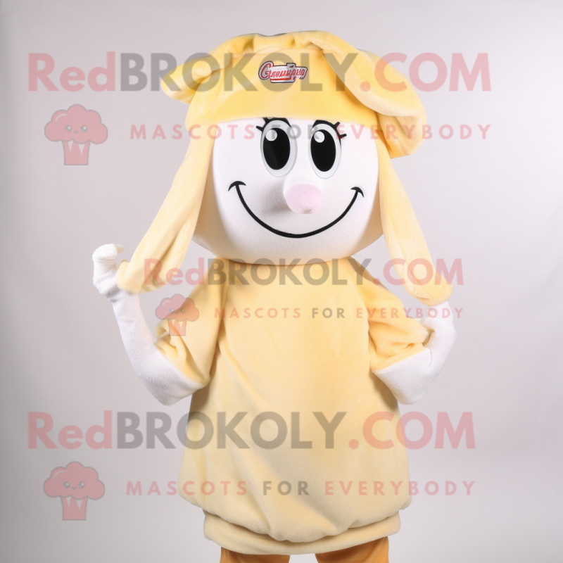 Cream Shrimp Scampi mascot costume character dressed with a Culottes and Caps