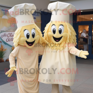 Cream Shrimp Scampi mascot costume character dressed with a Culottes and Caps