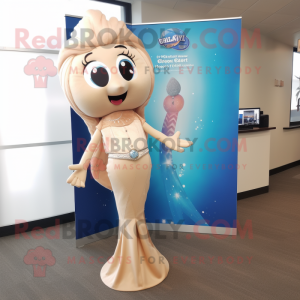 Beige Mermaid mascot costume character dressed with a Flare Jeans and Tie pins