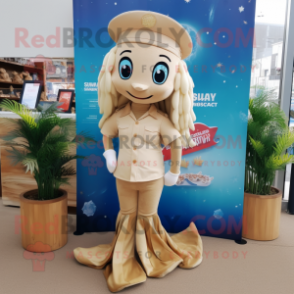 Beige Mermaid mascot costume character dressed with a Flare Jeans and Tie pins