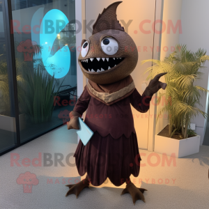 Brown Swordfish mascot costume character dressed with a Evening Gown and Shoe clips