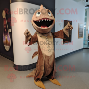 Brown Swordfish mascot costume character dressed with a Evening Gown and Shoe clips