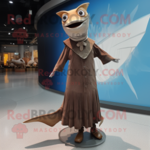 Brown Swordfish mascot costume character dressed with a Evening Gown and Shoe clips