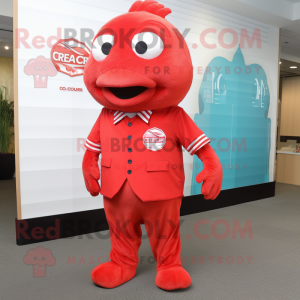 Red Cod mascot costume character dressed with a Romper and Tie pins