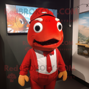 Red Cod mascot costume character dressed with a Romper and Tie pins