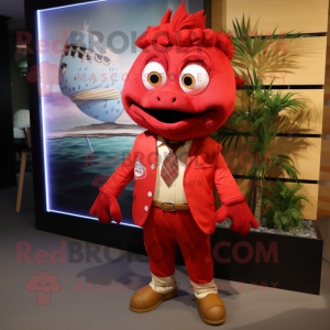Red Cod mascot costume character dressed with a Romper and Tie pins