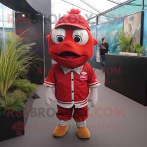 Red Cod mascot costume character dressed with a Romper and Tie pins