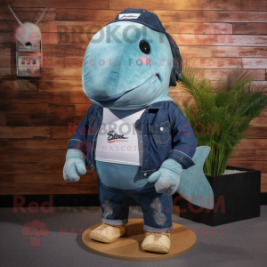 Rust Humpback Whale mascot costume character dressed with a Denim Shorts and Smartwatches