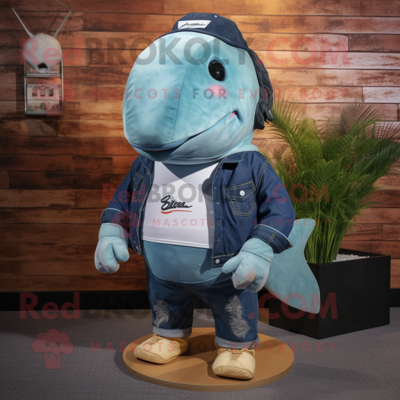 Rust Humpback Whale mascot costume character dressed with a Denim Shorts and Smartwatches Rust Humpback Whale mascot costume character dressed with a Denim Shorts and Smartwatches