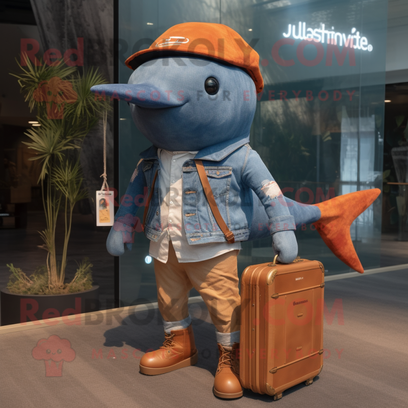 Rust Humpback Whale mascot costume character dressed with a Denim Shorts and Smartwatches